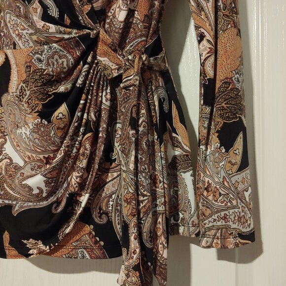 Cache Long Sleeve Paisley Faux Wrap Browns/Black Neutral Blouse Large - Picture 6 of 8
